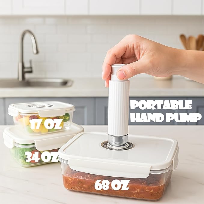 VICARKO 3 PCS Stackable Vacuum Food Storage Containers Set with Hand Pump | Keep Food Fresh Up to 5X Longer, 17 oz/ 34 oz/ 68 oz, White, BPA-Free, Airtight, Leakproof, Date Tracker, Seal Meal Saver