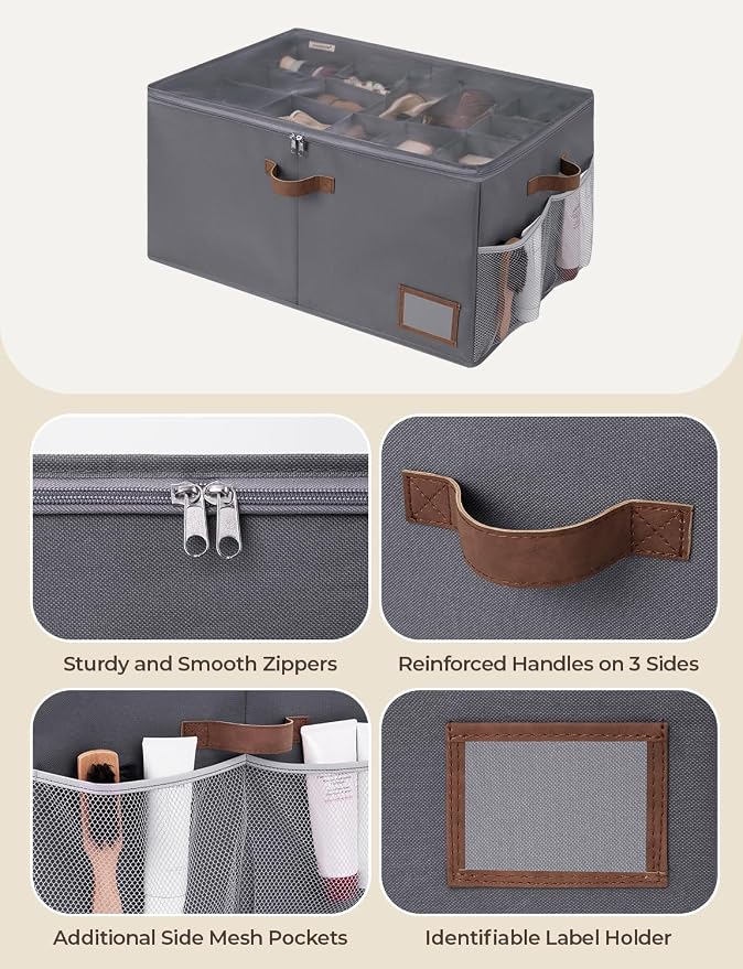 StorageWorks Large Shoe Storage Organizer for Closet, Up to 20 Pairs, Gray | Fixed Compartments, Clear Lid & Label Window, Side Mesh Pocket for Accessories, Soft Handles, Fits Flats, Sandals & Low-Tops