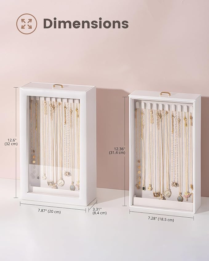 Lolalet Upgraded Double-Sided Hanging Necklace Organizer Box, Jewelry Display Case with Double-Sided Clear Window for Necklaces Bracelets, Tangle-Free Necklace Storage Box, White, 1-Layer 20 Hooks