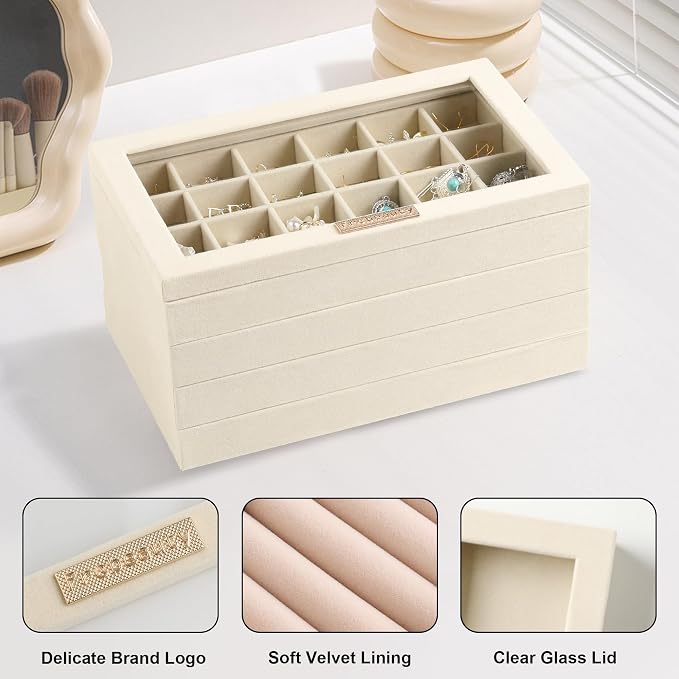 Frebeauty Stackable Jewelry Trays,Set of 4 Jewelry Organizer for Drawer | Glass Lid,Removable Dividers,Real Stackable Design,Velvet Material,Drawer Inserts,Jewelry Box for Earring Rings and Necklace