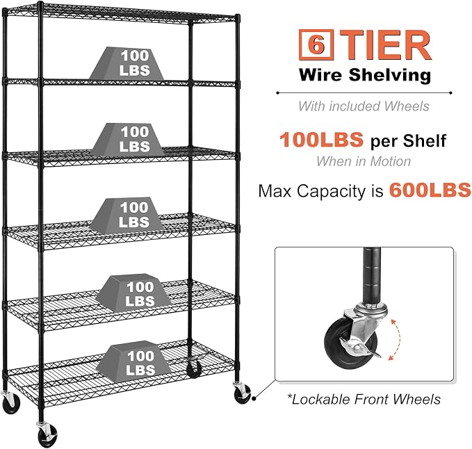 6000Lbs Capacity Heavy Duty Storage Shelves Commercial Wire Shelving Unit and Storage Adjustable NSF 6 Tier Metal Rack Shelf on Wheels for Garage Basement, 76 H x 48 L x 18 D - Black