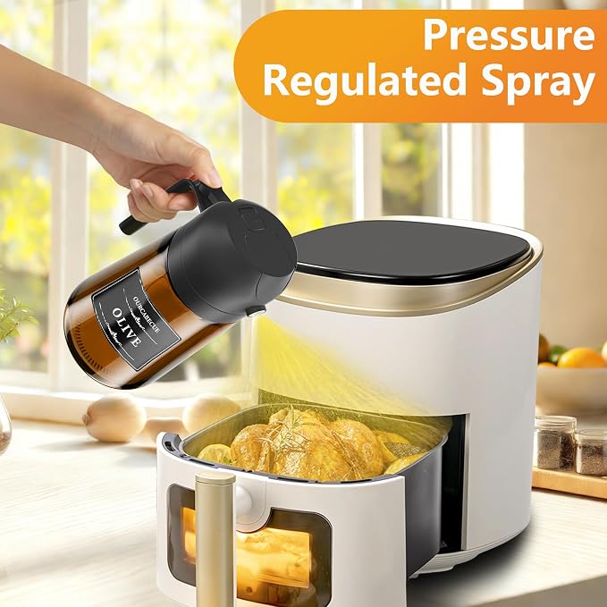 Olive Oil Sprayer & Dispenser for Cooking, 16oz Dark Glass Oil Mister, 2PC | 2-in-1 Oil Sprayer & Pourer, Fine mist, Light-Blocking, Wide Mouth for Easy Refill & Clean, 8 Oil Labels, Reusable