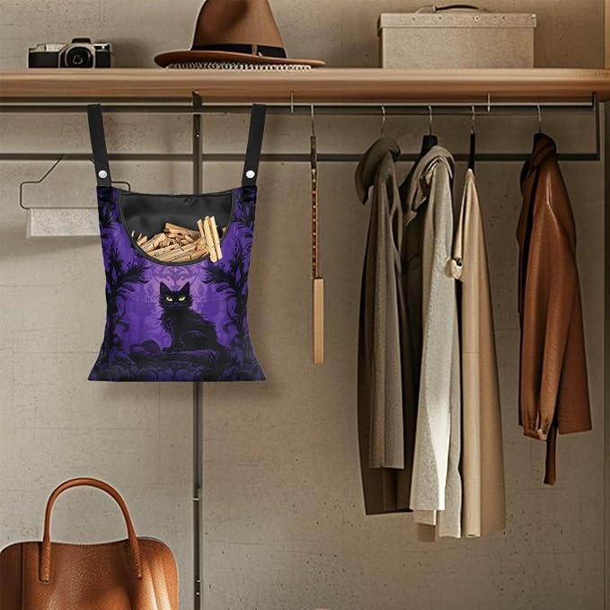 Black Cat Laundry Clothespin Bags Hollween Hanging Storage Organizer 12 x 14.5 Inch Clothes Pin Bag Waterproof Clothespin Bag Clothespins Holder Large Opening and Hanging Rope