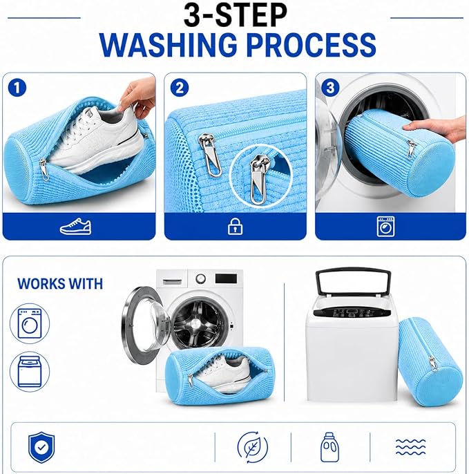EPSCY Shoe Washing Machine Bags - Reusable Sneaker Laundry Shoe Bag with 360° Deep Clean Mesh - Self Locking Zipper, Noise Reduction Washing Bag Fits All Shoes Sizes and Types - Blue, Pack of 2