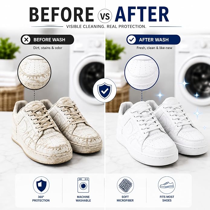 GEWON Shoe Washing Machine Bag for Wash & Dry, 4-in-1 Kit 2 Chenille Sneaker Laundry Bags + 2 Dust Bags, Self-Locking Zipper