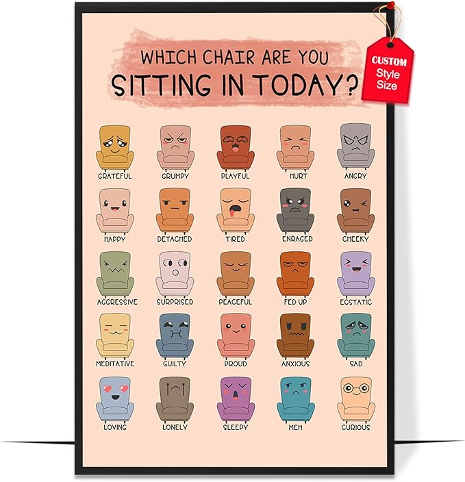 LOLUIS Mental Health Poster, Boho Therapy Tools Educational Supplies Art Print Classroom School Office Decor (Chair Feelings, Custom Frame Type)