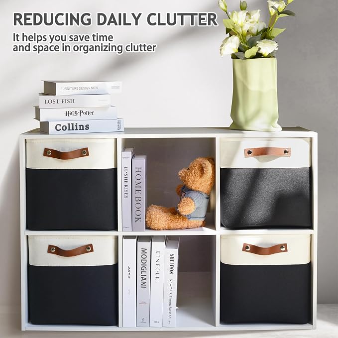 Patvingot Fabric Storage Cubes 11", 4 Pack, with PU Pull Handles,Foldable | For accessories on cube shelves or in closets; reinforced opening, pull-out access, folds flat when empty,white and black