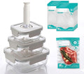 3-Piece Square Glass Vacuum Food Storage Containers Set with Hand Pump & 10 Sealer Bags, Borosilicate Airtight Meal Prep Lids with Date Tracker, Leakproof, Freezer & Microwave Safe [18/27/42 Oz]