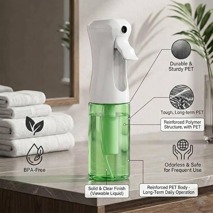 VIGOR PATH Continuous Mist Green Spray Bottle 200ml Fine Mist for Hair | Aerosol Free Reduces Hand Fatigue Salon Refillable Lightweight Cleaning