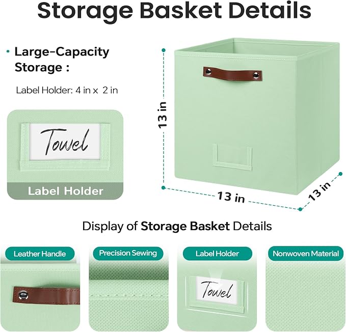 FinishingBo 13 inch Storage Bins with Labels 6 Pack | PU Leather Handles, Foldable Storage Cubes, Storage Baskets, Closet Storage, Green