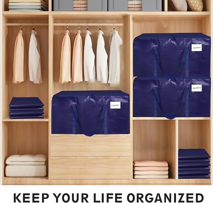 16 Pack-Extra Large Heavy Duty Moving Bags - Waterproof Storage Totes with Handles & Zippers, Foldable for College Dorm, Storage (Dark Blue)