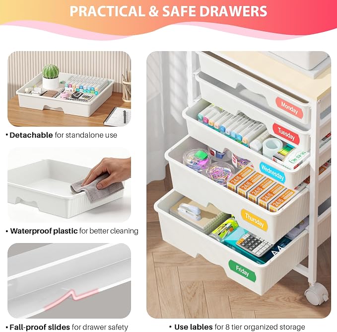Goovilla Rolling Cart with Drawers, Utility Cart Organizer With 5 Removable Drawers and Wooden Tabletop, Lockable Rolling Storage Organizer for Art, Classroom, Home, Dorm, Office, Craft Storage, White