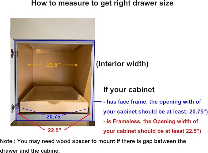 Couver Pull Out Drawers For Cabinets, 22.5"W x 21.25"D X 4"H Soft Close Slide Out Wood Shelves Storage Organizer for Kitchen, Finished, Heavy-Duty, Bottom Assembly