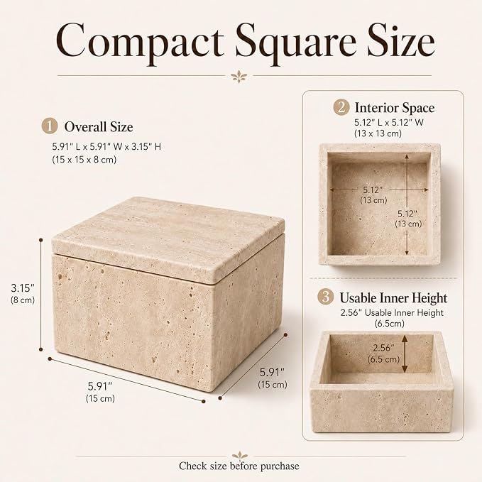 Natural Travertine Square Box with Lid | Natural travertine square box for cotton rounds, balls, jewelry and dry small bathroom items.