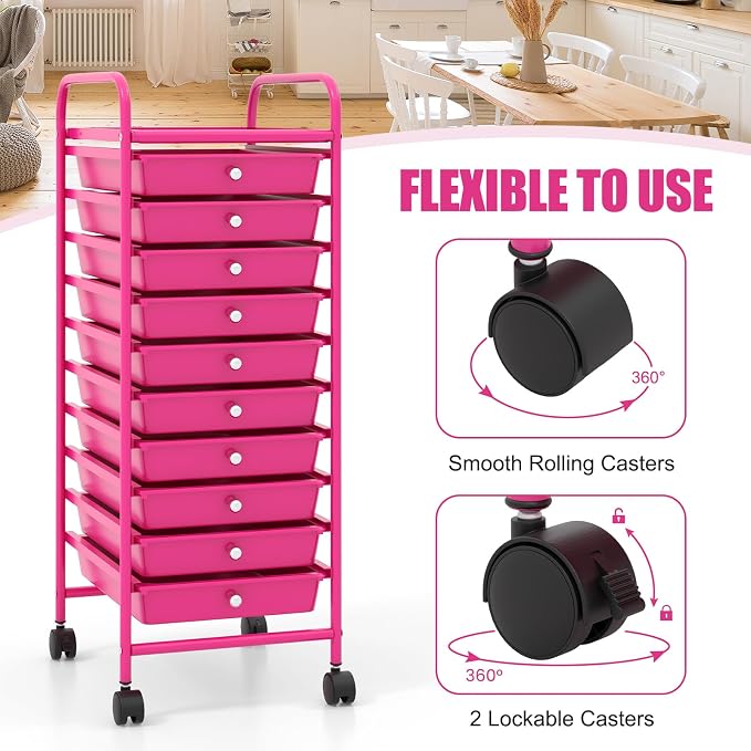 GOFLAME 10-Drawer Rolling Storage Drawer Cart, Utility Cart with Removable Drawers & Metal Frame, Mobile Art Craft Drawer Cart with Lockable Wheels for Home, Office, Studio, School, Hot Pink