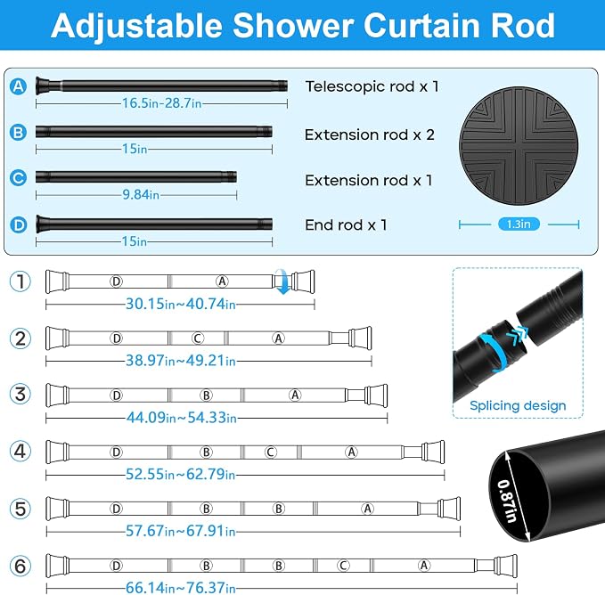 MEXAU 1 Pack Spring Tension Curtain Rods 31-76 Inch Black Shower Curtain Rod No Drilling Adjustable Spring Loaded Curtain Rods 7/8" Diameter Shower Rods for Window Bathroom Closet Doorway Door