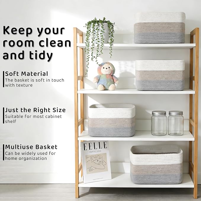 4 Pack Storage Baskets for Organizing, 11''Lx9''Wx8''H Woven Baskets for Storage Toys, Towels, Books, and Clothes, Cotton Rope Basket for Shelves with Handle White & Brown