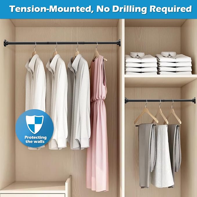Tension Curtain Rod Adjustable 33 to 56 inch Small Spring Tension Curtain Rod No Drilling, Closet Rod for Windows, Door, Wardrobe, Black