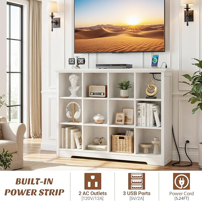 Aheaplus Wooden 12-Cube Storage Organizer with Charging Ports, Modern Cube Bookcase with Base, 4-Tier Floor Standing Open Cubbies Bookshelf, Cubicle Display Shelf for Home and Office, White