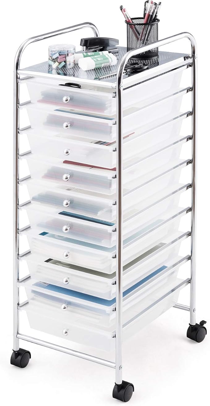 Happygrill 10-Drawer Storage Cart, Utility Cart with Removable Drawers & Metal Frame, Rolling Storage Cart with Lockable Wheels for Home, Office, Clear