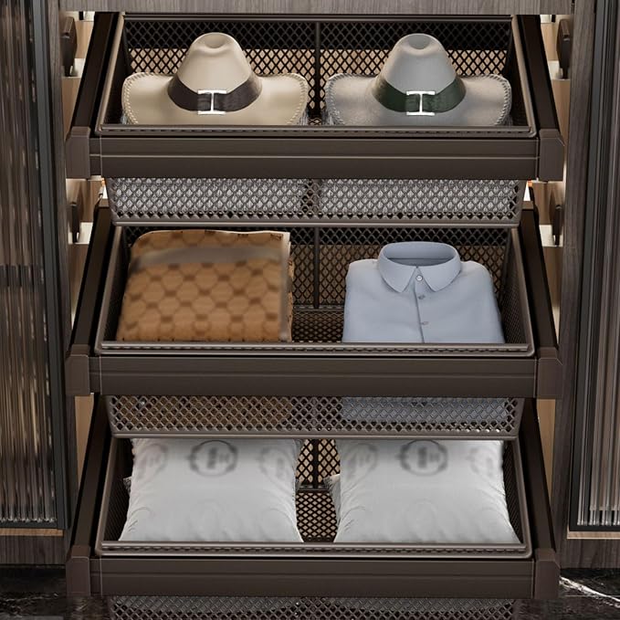 Pull Out Drawer Organizer Containers,Aluminum Alloy Stackable Shelf Baskets Organizer,Stackable Storage Bins,for Office Bathroom Bedroom(Save Space)(Gray,29.92-33.85in)