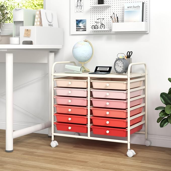 GOFLAME 12-Drawer Rolling Storage Cart, Multifunctional Art Craft Organizer Cart, Mobile Utility Storage Cart with Removable Drawers & Lockable Wheels, Craft Cart for Home Office School, Pink Gradient
