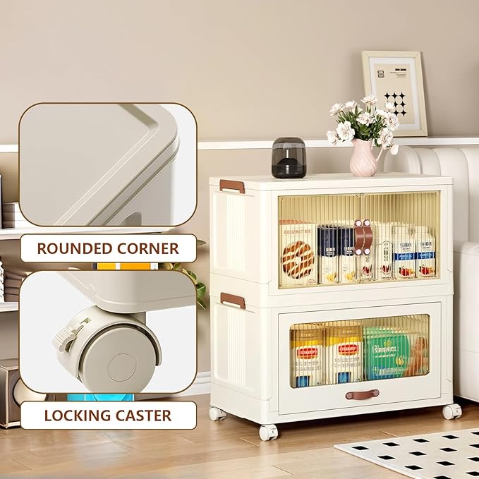 Stackable Storage Bins with Lids, 81QT/20Gal Collapsible Organizer Storage Foldable Plastic Cabinet with wheels, 2/3/4/5-Pack Space Saving Bins for Home Garage Pantry Organization S White 4T