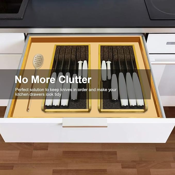 ArtBeek Knife Drawer Organizer Bamboo Insert Dock, 15'' Kitchen Steak Knives Holder Organizers Block for Drawer in Storage Organization