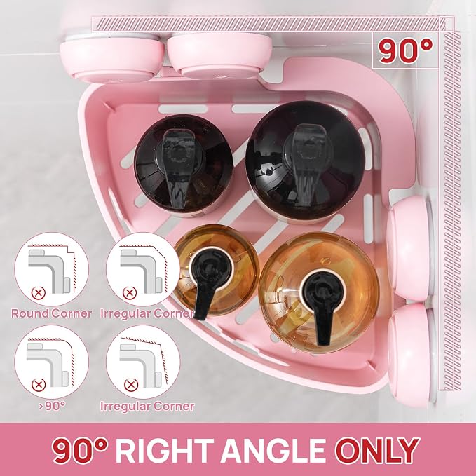 LEVERLOC Corner Shower Caddy Suction Cup, Shower Shelves Suction Cup | 2 Pack Heavy Duty Basket Bathroom, Removable Shower Organizer for Kitchen, No-Drilling Shower Caddies(Pink)