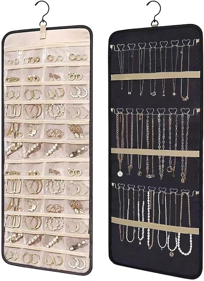 Hanging Jewelry Organizer, Dual-Sided Necklace Holder with Multiple Clear Pockets - Wall Mount & Over The Door Closet Storage for Earrings, Rings, Bracelets - 360° Rotating Hanger (1, Black, XL)