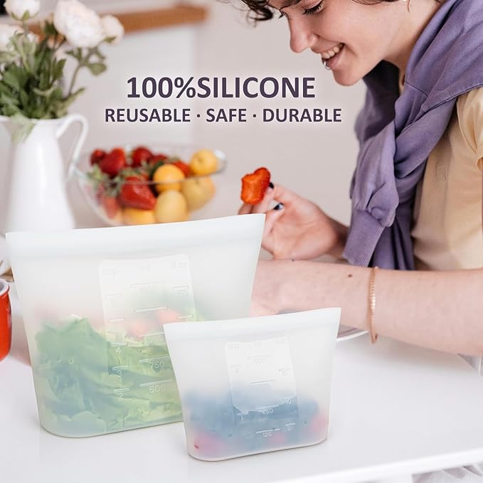12-Pack Reusable Silicone Food Storage Bags, 100% Silicone Stand-Up Wide-Open Zip-Lock Reusable Storage Bags for Food, Freezer Microwave Oven Dishwasher Safe, Translucent, 4M 4S 4XS