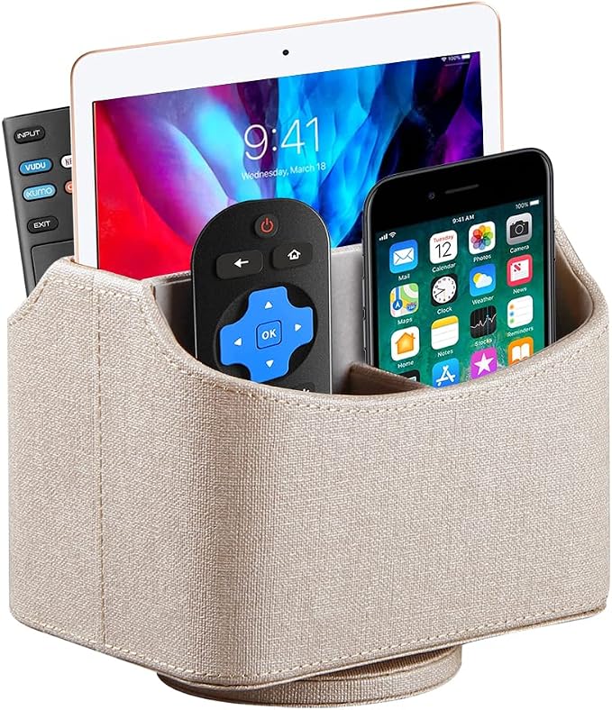 360° Rotating Remote Control Holder, PU Leather TV Remote Caddy Organizer Basket Storage Box with 5 Compartments for Pen, Pencil, Art Supplies, Makeup Brush, Office Desk Table Accessories | Nightstand Organizer Storage Box with 5 Compartments for Penci...