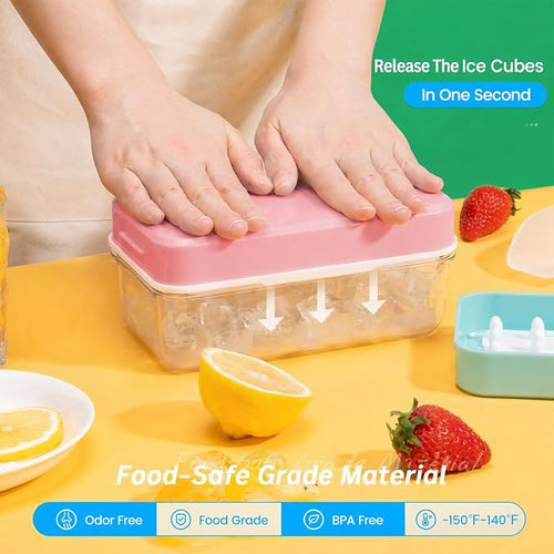 0.8“ Ice Cube Tray with Lid and Bin, PHINOX 28 Cubes Ice Trays for Freezer, Ice Cube Trays for Freezer with 1 tray, Container, Lid & Ice Scoop, BPA Free, Pink(28Cubes/Tier)