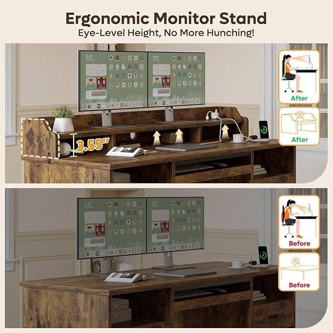 Bestier 59" Executive Desk with Charging Station & Monitor Stand, Brown | Farmhouse Wood Computer Desk with Drawers, Home Office Desk with Keyboard Tray, Sturdy Pedestal Desk for Work Study