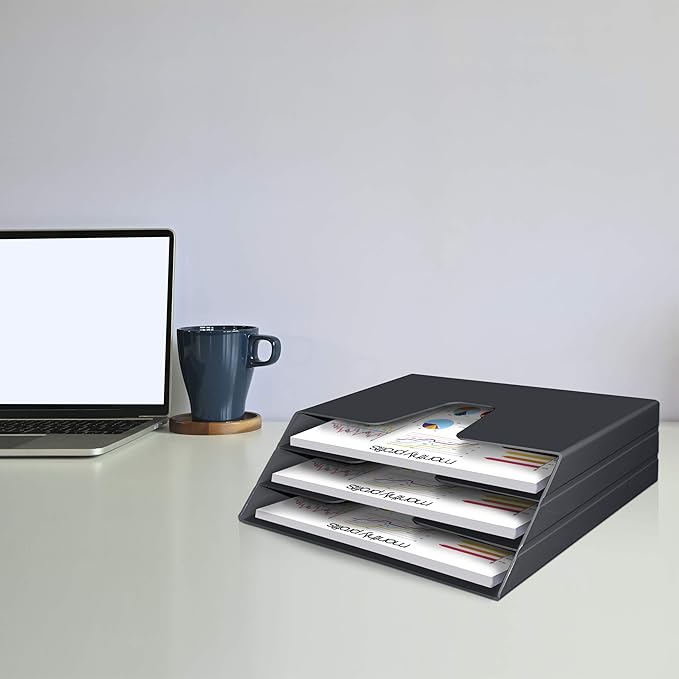 Acrimet Horizontal Triple File Folder Holder Organizer, Open Top Desktop Document Sorter for Letter Size Papers & Folders, Plastic (Black)