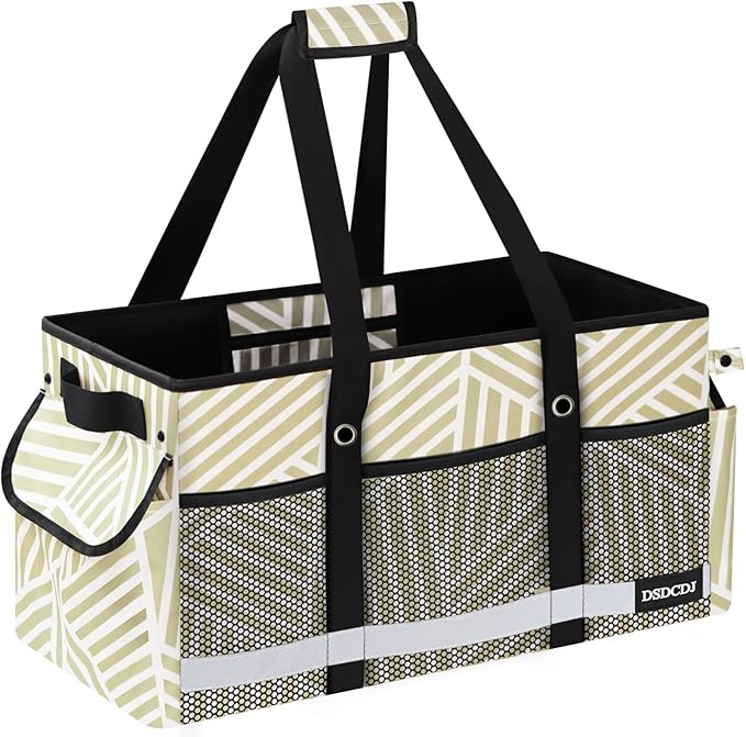 Extra Large Utility Tote Bag with Reflective Strip, Standing Reusable Grocery Bags with Hard Bottom, Collapsible Utility Tote with Handles for Shopping, Beach, Picnics, Car, Striped Gray