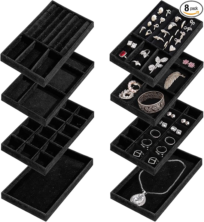 8 Pack 4 Styles Velvet Jewelry Tray, 8" x 5" Jewelry Organizer Tray Stackable Jewelry Storage Tray, Drawer Jewelry Tray for Rings, Earrings, Necklace, Bracelet, Black