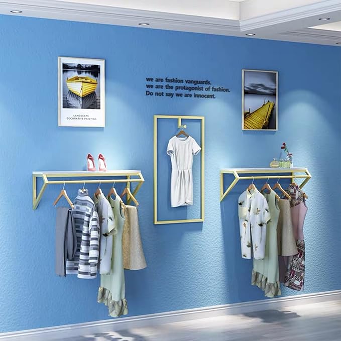 Modern Simple Men's and Women's Clothing Store Heavy Duty Metal Display Shelf,Wall-Mounted Garment Rack with Wood,Clothes Rail,Bathroom Hanging Towel Rack (Gold Square Tube, B-47.2" L)