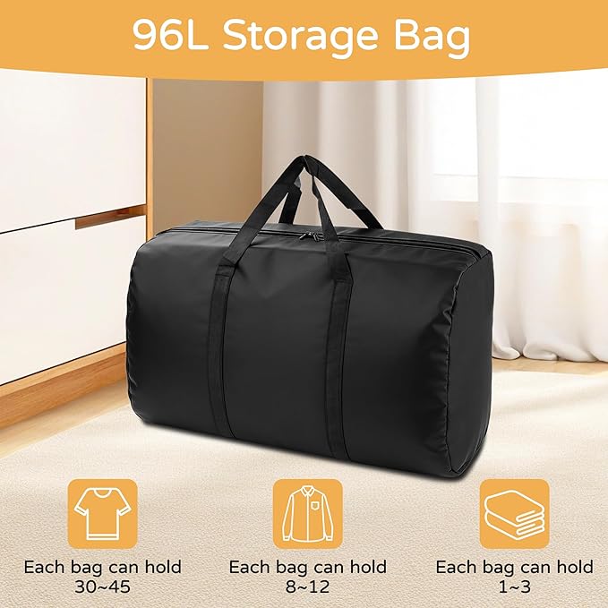 2 Pack 96L Extra Large Moving Bags with Zippers & Carrying Handles for Storage, Packing, Traveling, Camping, Langdry, Big Heavy Duty Moving Totes Bags for Clothes, Supplies and Space Saving Black