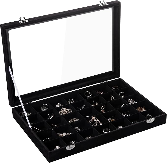 Frebeauty Velvet Jewelry Tray,35 Grid Jewelry Organizer with Clear Lid,Earring Holder Organizer Case with Clasp,Drawer Insert for Rings Studs,13.8 x 9.5 x 2 Inches,Gift for Women Girls(Black) | Drawer Jewelry Organizer for Rings Studs Beads,Adjustable ...