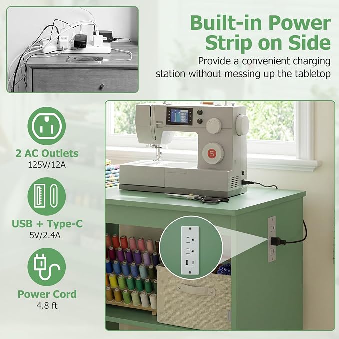 Giantex Folding Sewing Table with Charging Station, Storage Trays & Shelf | Rolling Craft Table with Lockable Wheels, Foldable Sewing Machine Cabinet Desk for Small Spaces, Dorms, Sage