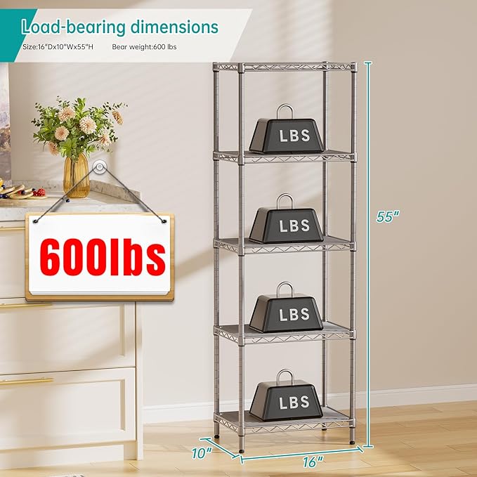 SINGAYE Metal Shelves Wire Shelving Storage Standing Adjustable Shelf Unit | 5 Tier Mesh Units Shelf for Kitchen Laundry Bathroom Closet Organizers Pantry Narrow Home Rack 10" D x 16" W x 55" H Gray