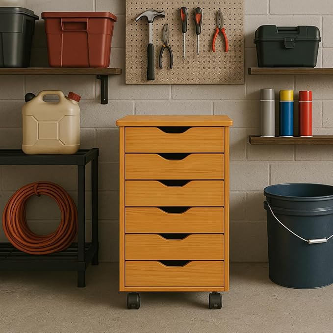 Jela-USA Solid Pine Wood 6 Drawer Rolling Cart, Honey Pine