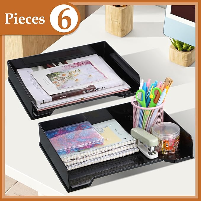 DoubleFill 6 Pcs Stackable Letter Tray Rectangular Plastic Desk Organizer 13 x 9.5 x 2.6 in Paper Holder File Tray Accessories Rack for Desktop Office Desk Drawers (Black)