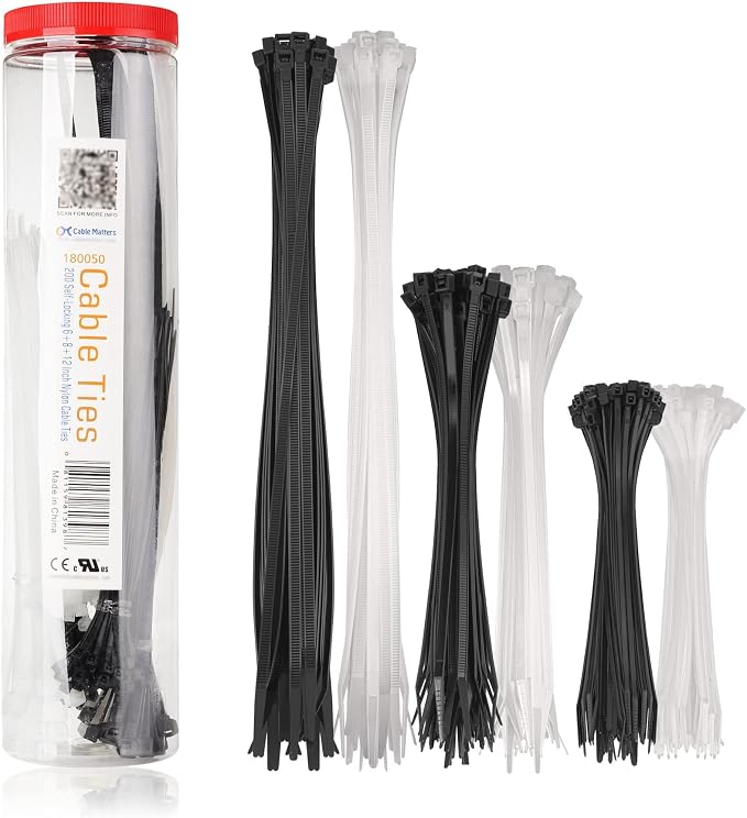 Cable Matters 200-Pack Cable Ties, 6/8/12-Inch, Black and White | Indoor and Outdoor, Self-Locking Nylon Zip Ties, Assorted Sizes, Tie Wraps for Multiple Use