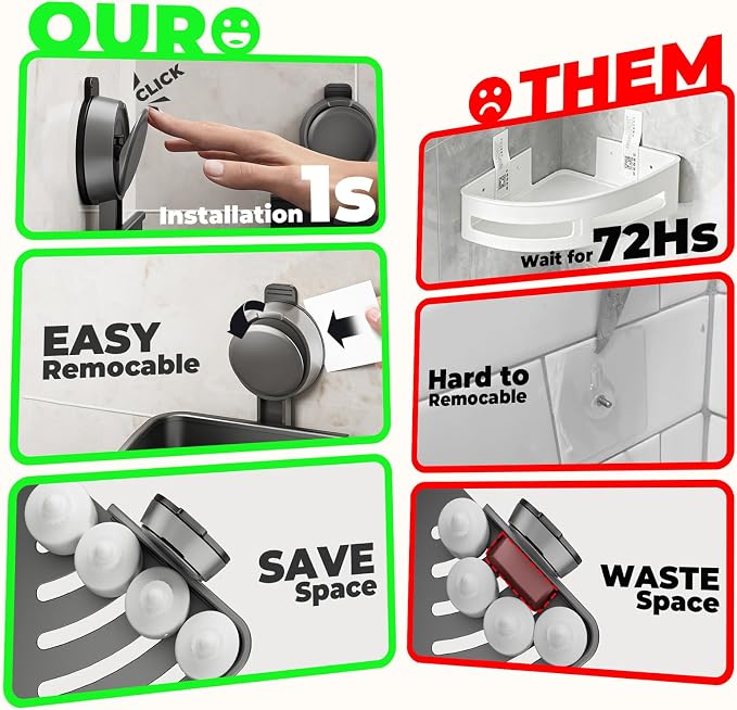 Shower Caddy Corner,Suction Cup Shower Caddy with Hooks,No Drilling Rustproof Aluminum Bathroom Organizers and Storage,Shelves for Bathroom Accessories Decor (1)