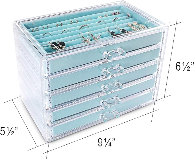 Frebeauty Extra Large Acrylic Jewelry Box for Women 5 Layers Clear Jewelry Organizer Velvet Earring Box with 5 Drawers Rings Display Case Necklaces Holder Tray for Women Girls (Turquoise) | Jewelry Storage for Rings Earrings Bracelets,Dustproof,Velvet ...