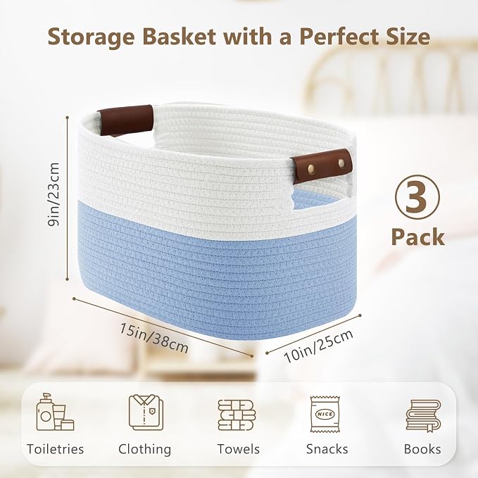ECDYQXVU 15x10x9 Woven Cotton Rope Storage Basket, Leather Handles 3 Pack | Foldable Design, Sturdy PU Handles, Easy to Clean Organizer for Living Room, Closet, Shelves, Bedroom, Laundry, Clothes