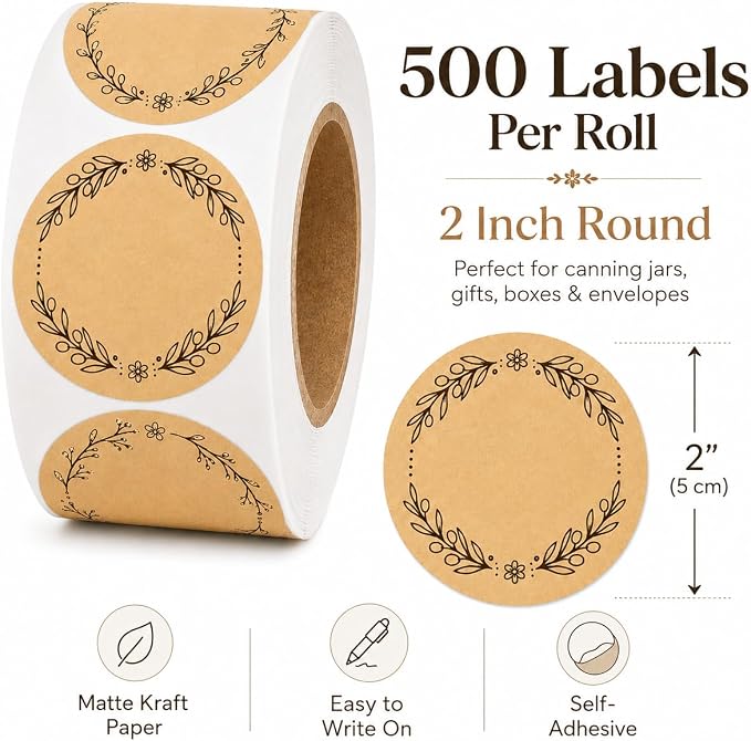 IBAKE Blank Kraft Canning Labels, 500 Writable Stickers for Jars and Containers, 2 Inch Round Labels for Mason Jars, Homemade with Love, Food Labels for Packaging & Gifts