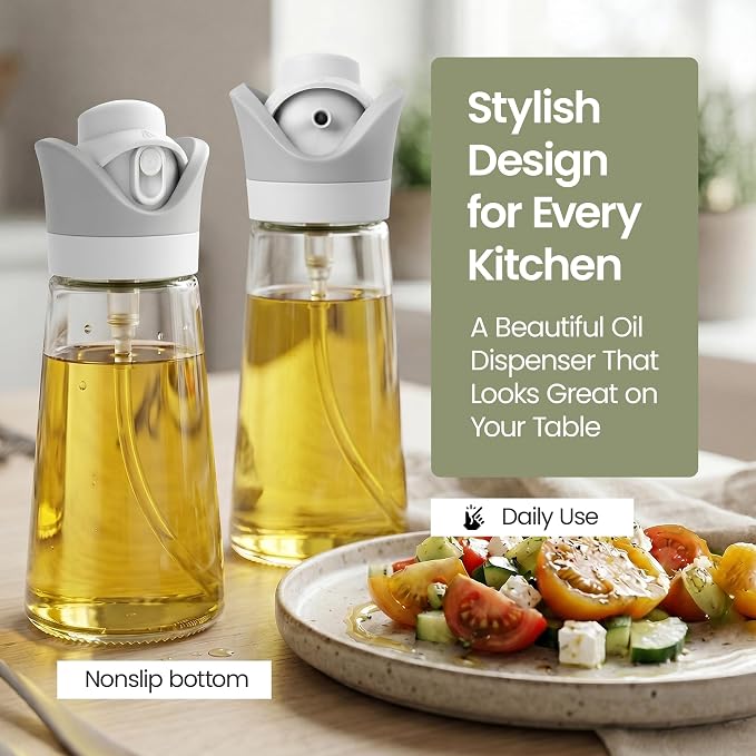 Olive Oil Dispenser for Kitchen 2-in-1 Pour and Spray | 11.5 oz / 340 ml | Glass Olive Oil Sprayer for Cooking, Airfryer, Salad & BBQ | Set of 2 Bottles, White